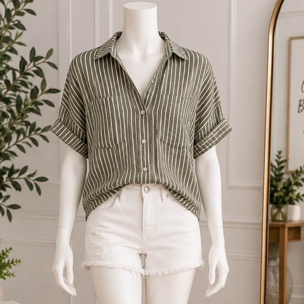 Zara Women Button Down Shirt Olive Green White Striped Cuffed Sleeve Size XS